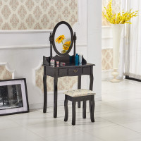 Retro Black Dressing Table With Oval Mirror & 1 Drawer Stool Vanity Makeup Desk