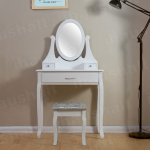 3 Drawers White Dressing Table With Oval Mirror & Stool Bedroom Makeup Desk Set