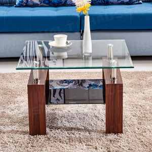 Simple Coffee Table Clear Top Tempered Glass Walnut Leg Living Room Furniture