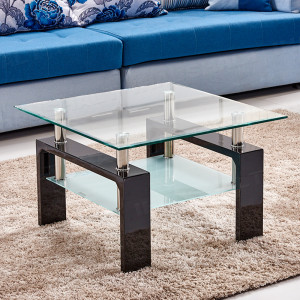 Black Coffee Table Square Tempered Glass Top Under Shelf Living Room MDF Legs