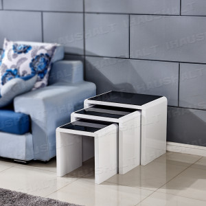High Gloss White Nest Of 3 Coffee Table Black Top Nested Side Table Living Room